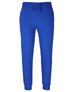 Bright blue track pants with a drawstring waistband and ankle cuffs. The design features a logo on the front.