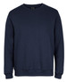 A navy jumper with a crew neckline and ribbed cuffs, featuring a small logo on the front.