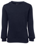 A navy blue jumper with long sleeves and a ribbed neckline. It features a plain design and has a logo.