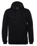 A black hoodie featuring a front pocket and a drawstring hood, with a logo on the label.