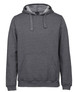 A grey hoodie featuring a drawstring hood and a front pocket. It has a brand logo on the interior.