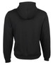 A black hoodie featuring a drawstring hood and a kangaroo pocket at the front. It has a plain back and ribbed cuffs.