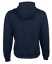 A dark navy hoodie with a hood and long sleeves, featuring a logo on the back.