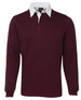 A maroon long-sleeve polo shirt with a white collar and a logo on the chest.