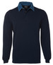A navy polo shirt with a denim collar and long sleeves, featuring a logo on the chest.
