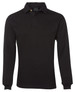 A black long-sleeve rugby shirt with a collared neck and a button. The shirt features a logo on one side.