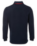 A navy two-tone rugby shirt featuring a red collar, long sleeves, and a simple design with a logo.