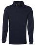 A two-tone navy rugby shirt featuring long sleeves and a classic polo collar, with a logo on the chest.