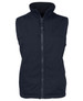 A navy blue reversible vest featuring a high collar and zip closure, with a simple design and no sleeves.