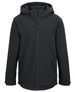 A softshell jacket in black with a hood, featuring a front zip and two side pockets. It has a branding logo.