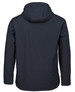 A dark navy three-layer hooded softshell jacket with a simple design and a hood. It features a branding logo.