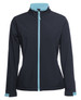A women's softshell jacket in black with teal accents and a zip front, featuring a logo.