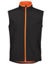 A black three-layer softshell vest with orange accents and a zip closure, featuring side pockets and a high collar.