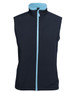 A navy three-layer softshell vest with a light blue collar and zip. Features a branded logo.