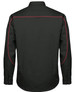 A black long-sleeve button-up shirt featuring red piping along the seams and a simple collar design.