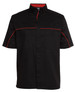 A black and charcoal button-up shirt with red piping and two front pockets, featuring a logo.