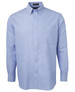 A light blue long sleeve button-up shirt with a button-down collar and a chest pocket. Features branding.