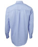A long-sleeve light blue Oxford shirt with a button-up design and a logo on the back.