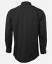 A black long-sleeve button-up shirt with a simple design and a logo on the back.