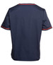 Unisex scrubs top in navy blue with contrasting red stripes on the sleeves. Features a logo on the back.