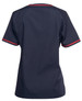 A navy scrub top featuring short sleeves with contrasting red trim and a logo on the back.