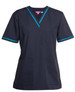 A navy scrub top with contrasting teal trim and a pocket, featuring short sleeves and a V-neckline.