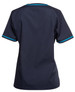 A navy scrub top featuring short sleeves and contrasting blue trim, with a logo on the back.