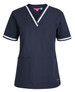 Navy scrub top featuring a V-neck design, short sleeves, and white contrast stripes, with pockets and a logo.