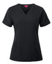 A black ladies scrub top featuring a V-neck design and two front pockets, with a logo present.