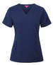 A navy blue women's scrub top featuring a V-neck design and pockets, with a branding logo.