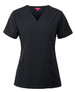 A black scrub top with a v-neck and short sleeves, featuring two front pockets. The design includes a branding logo.