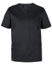 A black unisex premium scrubs top featuring short sleeves and multiple pockets. Includes a logo on the top.