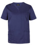 A unisex premium scrub top in navy blue with a pocket and a logo. It features short sleeves and a V-neck design.