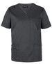 A grey unisex premium scrub top with short sleeves and a pocket. Features a logo on the side.