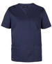 A navy unisex scrubs top featuring a V-neck, short sleeves, and multiple pockets. There is a logo on the chest area.