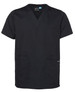 A black unisex scrub top with a V-neck, short sleeves, and multiple pockets. It features a logo on the side.