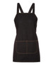 A black denim bib apron featuring a cross-back design and a front pocket. Includes a logo on the fabric.