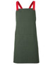 A green canvas apron with red cross-back straps and a front pocket. It features a logo on the design.