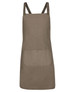 A khaki canvas apron with a cross back design and a front pocket, featuring a logo on the side.