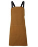 A brown canvas apron with black straps and a front pocket. It features a logo on the design.