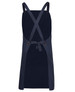 A navy canvas apron with cross back straps and a tie waist, featuring a simple design and a logo.
