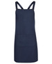 A navy blue cross back canvas apron featuring a front pocket and adjustable straps. Branding is present.