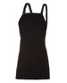 A black canvas bib apron with cross back straps and a front pocket. It features a branding logo.