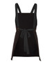A black bib canvas apron with a cross back design and a tied waist, featuring a logo.