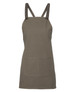 A khaki green canvas bib apron featuring cross back straps and a front pocket. It has a brand logo.