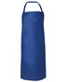 A blue vinyl bib apron with an adjustable neck strap, featuring a logo. Suitable for various workwear applications.