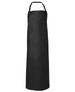A black vinyl apron, 90 x 120 cm, featuring an adjustable neck strap and a simple design. It has a logo.