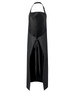 A black vinyl apron featuring a front opening, adjustable straps, and a tie closure. It includes a logo.