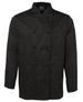 A black long-sleeve chef's jacket with a double-breasted design and a pocket on the sleeve.