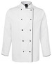 A white chef's jacket featuring black piping and buttons, designed for chefs with long sleeves.